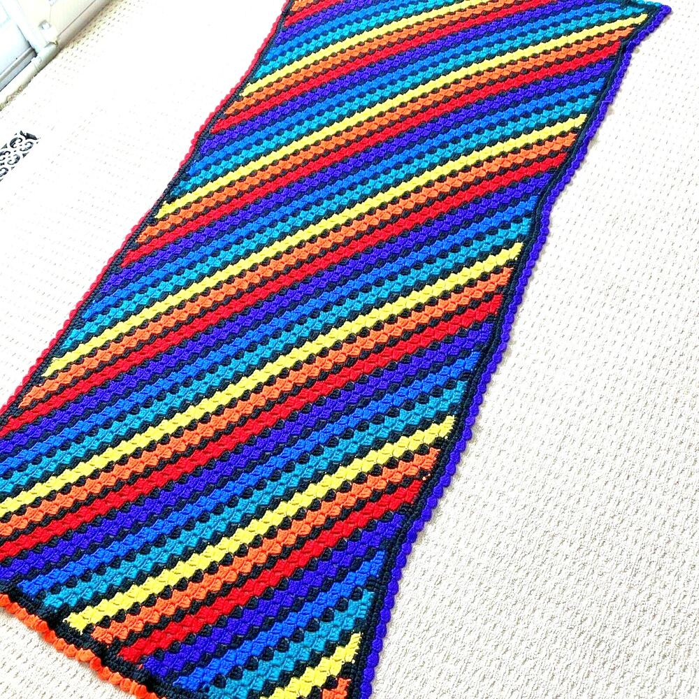 Handmade crochet afghan throw blanket black & bright colors acrylic mod retro